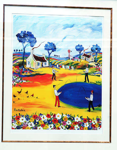 Portchie print-2 Limit Edition 178/500, numbered and pencil signed. Four fishing men over the lake.