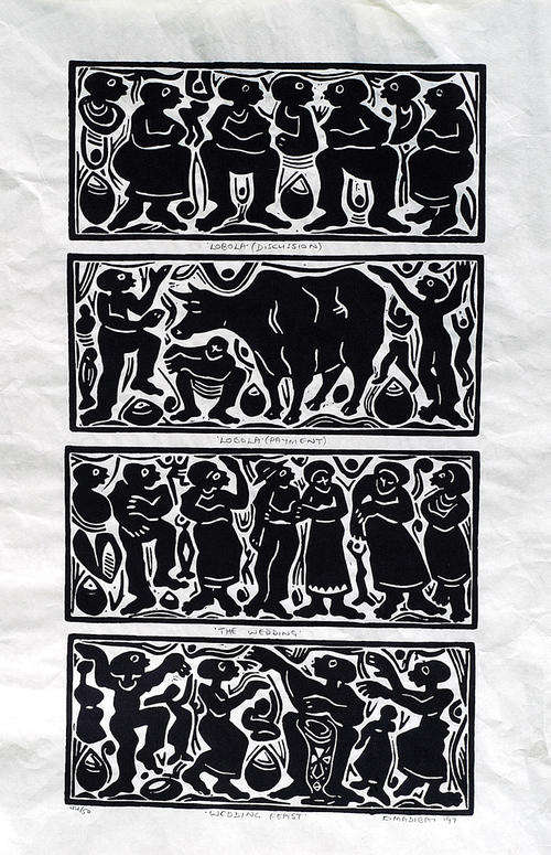 E.Madiba Woodcut "WEDDING FEST" signed, dated '97 image size 29-53 cm, not framed
