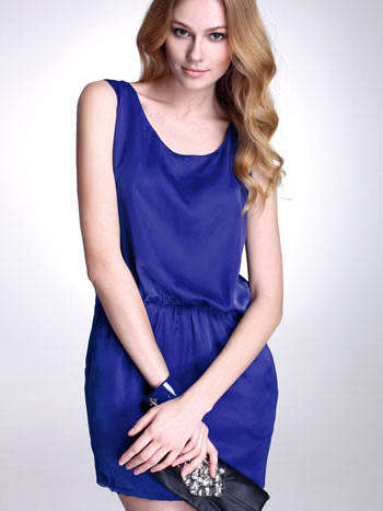 Blue Satin Round Collar summer Dress - Medium Size