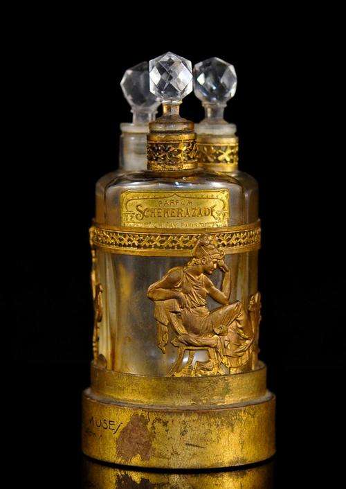Rare set of 3 antique Charles Fay Les Trois Muses perfume bottles in holder 1910