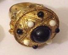 Vintage Solid Perfume/ Locket White & Black Stone Poison Gold Ring Adjustable