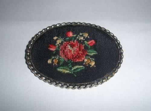 Vintage silver tone embroidered rose brooch