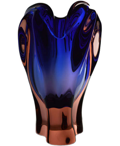 * GIGANTIC COBALT BLUE AND CORAL-PINK CZECH ART GLASS CHRIBSKA VASE DESIGNED BY PROF JOSEF HOSPODKA