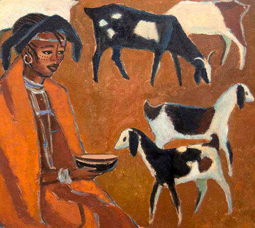 XHOSA MAIDEN WITH GOATS BY SOUTH AFRICAN ARTIST NERINE DESMOND (1908-1993)