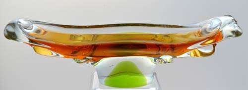 PALE AMBER & GREEN CZECH ART GLASS CHRIBSKA BOWL DESIGNED BY PROF JOSEF HOSPODKA