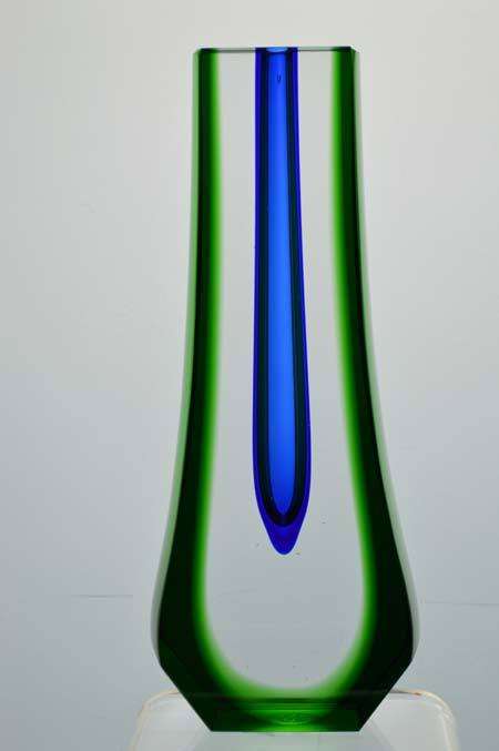 MUSEUM ITEM EXBOR BLUE, GREEN & CLEAR CZECH GLASS SCULPTURAL VASE DESIGNED BY PAVEL HLAVA IN 1957/58