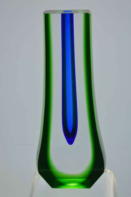 MUSEUM ITEM EXBOR BLUE, GREEN & CLEAR CZECH GLASS SCULPTURAL VASE DESIGNED BY PAVEL HLAVA IN 1957/58