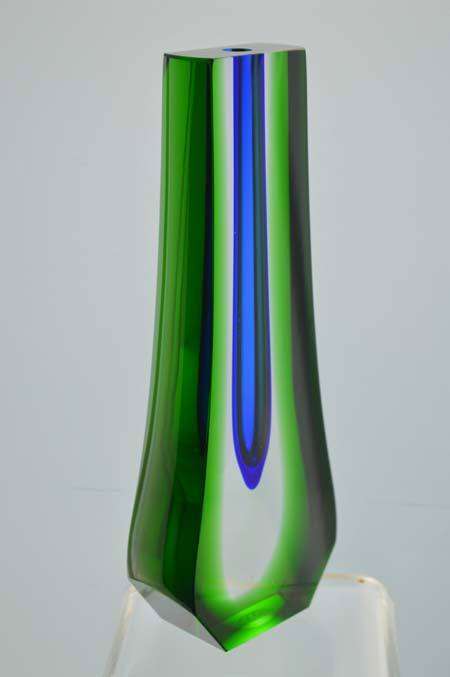 MUSEUM ITEM EXBOR BLUE, GREEN & CLEAR CZECH GLASS SCULPTURAL VASE DESIGNED BY PAVEL HLAVA IN 1957/58