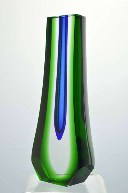 MUSEUM ITEM EXBOR BLUE, GREEN & CLEAR CZECH GLASS SCULPTURAL VASE DESIGNED BY PAVEL HLAVA IN 1957/58