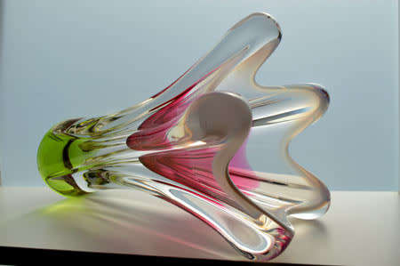 LARGE PINK AND GREEN CZECH ART GLASS CHRIBSKA SCULPTURE DESIGNED BY PROF JOSEF HOSPODKA IN THE 1970s