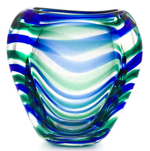 SUPERB LEERDAM UNICA BLUE AND GREEN SIGNED GLASS VASE, DESIGNED BY FLORIS MEYDAM IN THE 1940s