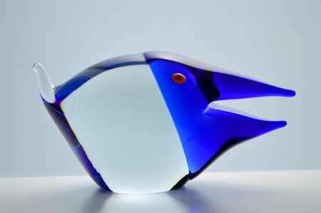 RARE AND FUNKY MODERN CZECH ART GLASS BARRACUDA : A MAGNIFICENT ITEM! COBALT BLUE & CLEAR GLASS!