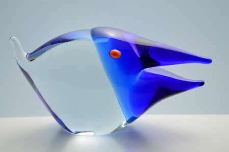 RARE AND FUNKY MODERN CZECH ART GLASS BARRACUDA : A MAGNIFICENT ITEM! COBALT BLUE & CLEAR GLASS!