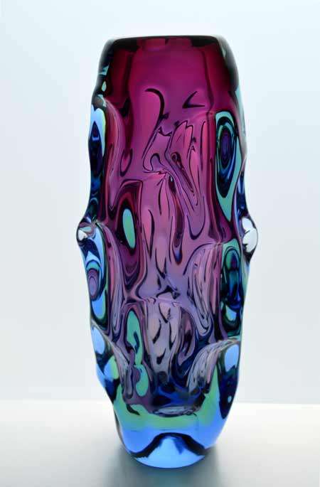 FLAGSHIP/HALLMARK DESIGN: HEAVY SKRDLOVICE PINK, GREEN & BLUE VASE, DESIGNED BY JAN BERANEK IN 1959