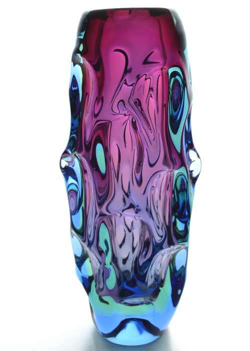 FLAGSHIP/HALLMARK DESIGN: HEAVY SKRDLOVICE PINK, GREEN & BLUE VASE, DESIGNED BY JAN BERANEK IN 1959