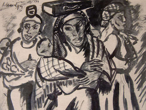 * JOHANNES MEINTJES: THREE AFRICAN WOMEN (1944) : ORIGINAL, SIGNED & DATED INK SKETCH : A BEAUTY!!