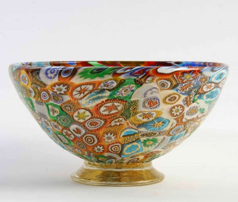 EXQUISITE MURANO MILLEFIORI & GOLD LEAF ART GLASS BOWL- MID 20TH CENTURY ART GLASS AT ITS VERY BEST!