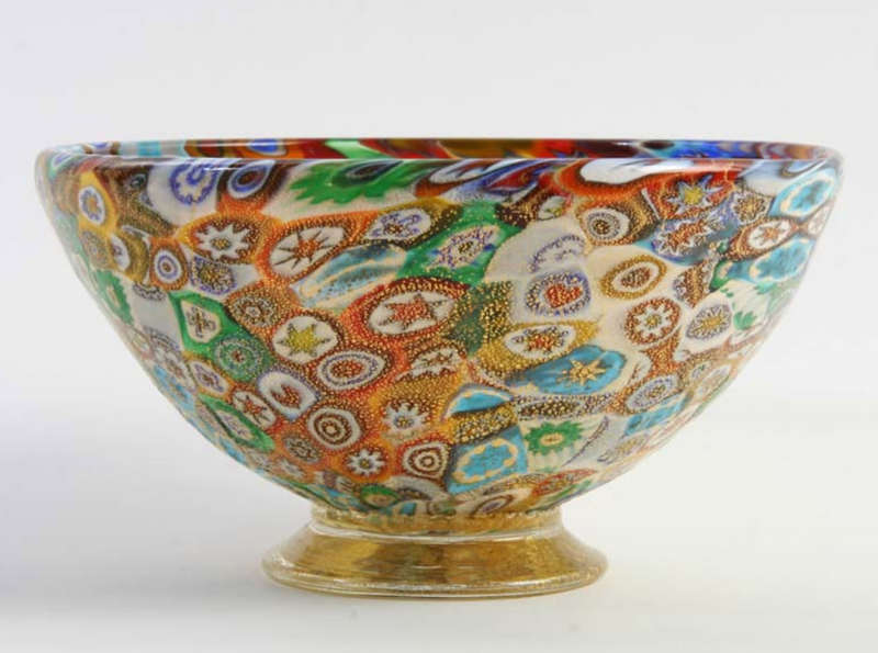 EXQUISITE MURANO MILLEFIORI & GOLD LEAF ART GLASS BOWL- MID 20TH CENTURY ART GLASS AT ITS VERY BEST!