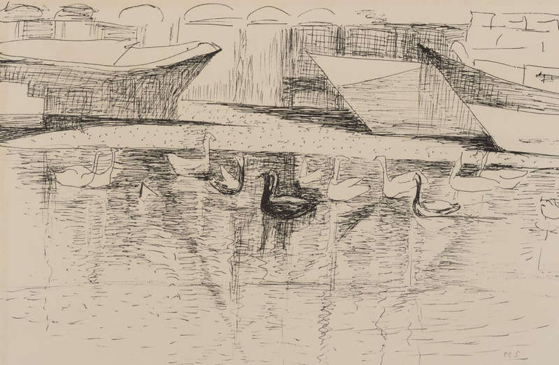 MAUD SUMNER (1902-1985) LITHOGRAPH  `DUCKS & BOATS ON THE SEINE` :  SIGNED WITH INITIALS IN PENCIL