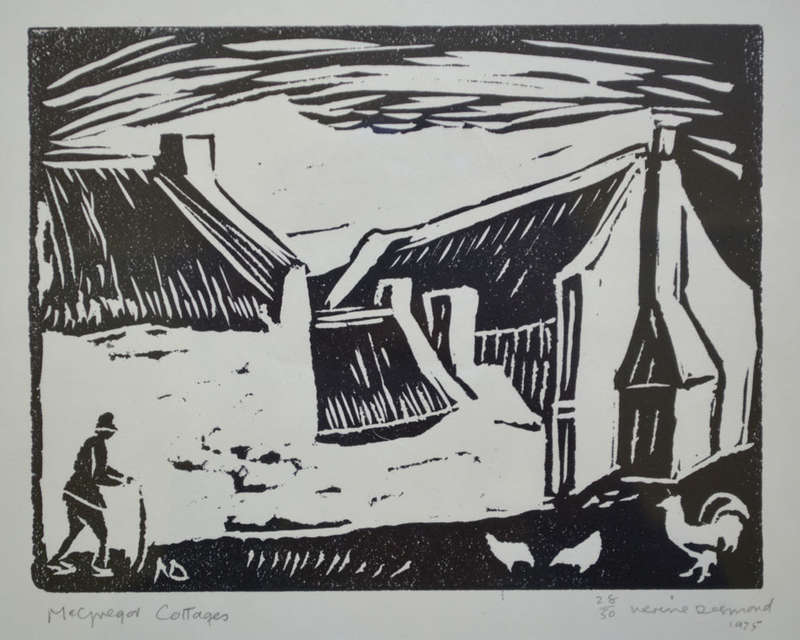 ** A FRAMED LINO'OF MCGREGOR COTTAGES (ED 50 1975) BY SA ARTIST NERINE DESMOND (1908-1993)