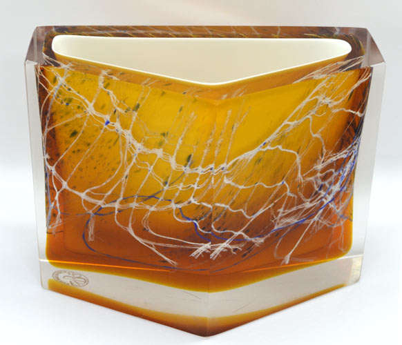 MUSEUM ITEM EXBOR CZECH GLASS SCULPTURAL VASE WITH METAL INCLUSIONS DESIGNED BY PAVEL HLAVA IN 1964