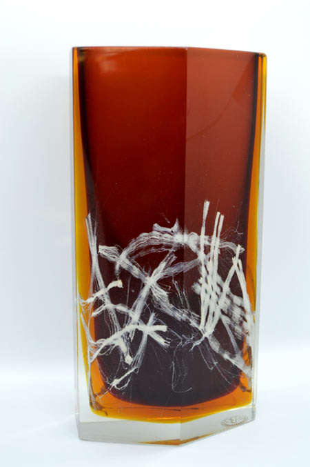 MUSEUM ITEM EXBOR CZECH GLASS SCULPTURAL VASE WITH METAL INCLUSIONS DESIGNED BY PAVEL HLAVA IN 1964