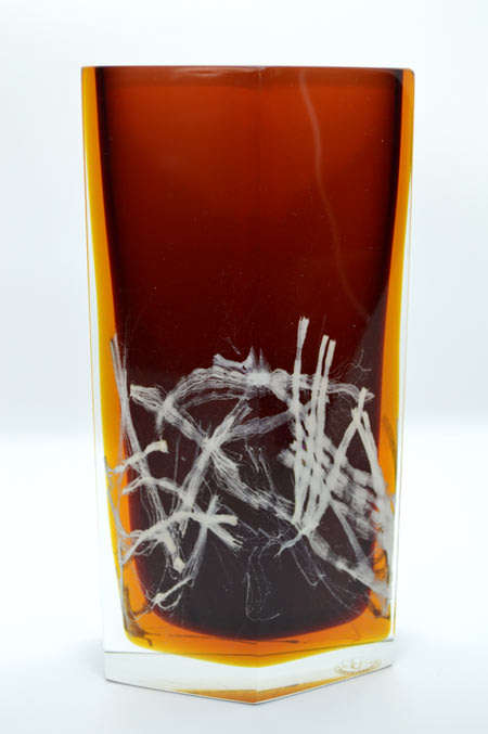MUSEUM ITEM EXBOR CZECH GLASS SCULPTURAL VASE WITH METAL INCLUSIONS DESIGNED BY PAVEL HLAVA IN 1964