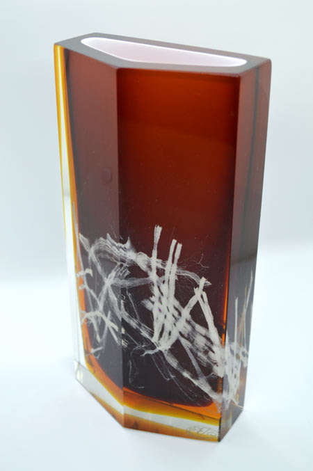 MUSEUM ITEM EXBOR CZECH GLASS SCULPTURAL VASE WITH METAL INCLUSIONS DESIGNED BY PAVEL HLAVA IN 1964