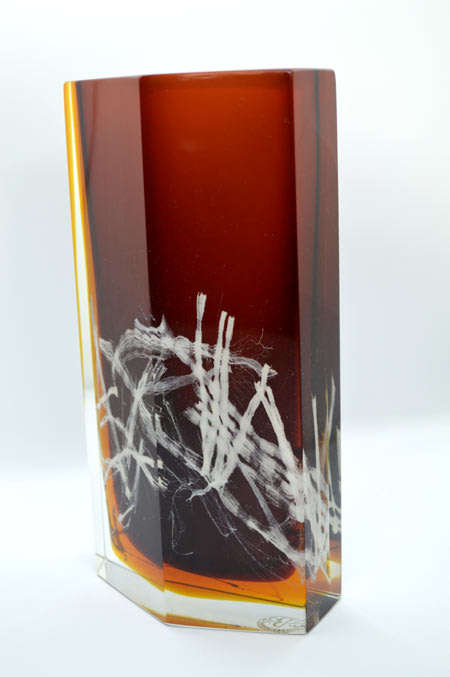 MUSEUM ITEM EXBOR CZECH GLASS SCULPTURAL VASE WITH METAL INCLUSIONS DESIGNED BY PAVEL HLAVA IN 1964