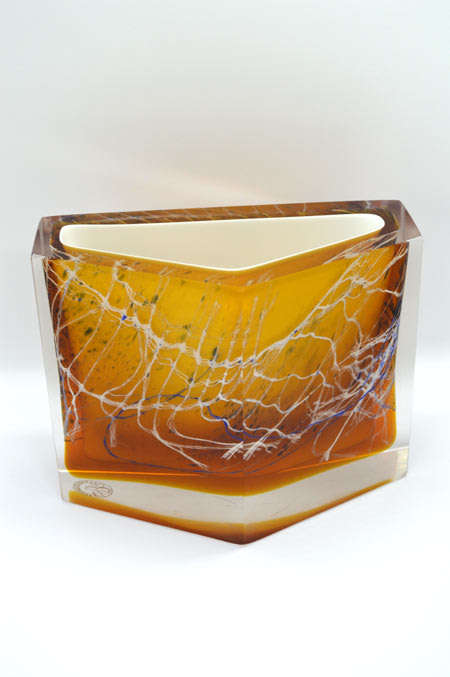 MUSEUM ITEM EXBOR CZECH GLASS SCULPTURAL VASE WITH METAL INCLUSIONS DESIGNED BY PAVEL HLAVA IN 1964