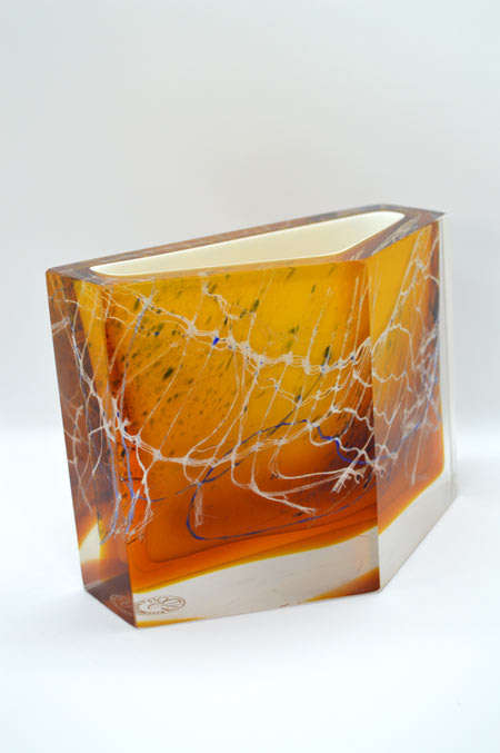 MUSEUM ITEM EXBOR CZECH GLASS SCULPTURAL VASE WITH METAL INCLUSIONS DESIGNED BY PAVEL HLAVA IN 1964