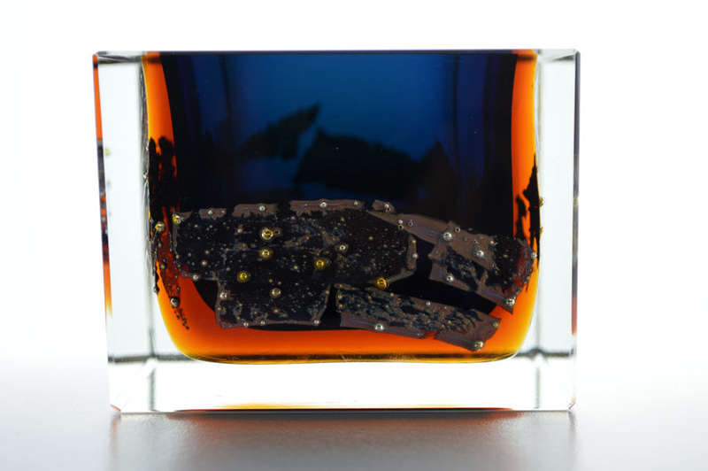 MUSEUM ITEM EXBOR CZECH GLASS SCULPTURAL BOWL WITH METAL INCLUSIONS DESIGNED BY PAVEL HLAVA IN 1964