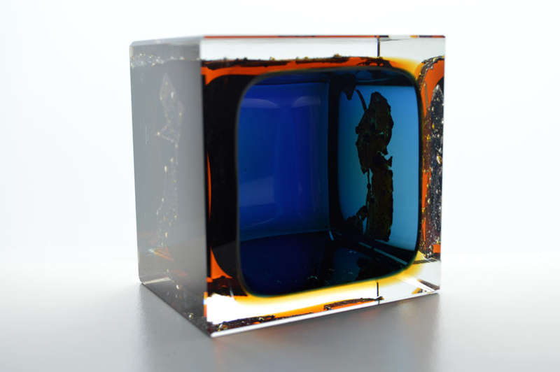 MUSEUM ITEM EXBOR CZECH GLASS SCULPTURAL BOWL WITH METAL INCLUSIONS DESIGNED BY PAVEL HLAVA IN 1964