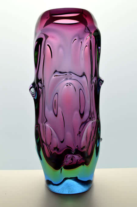 HALLMARK DESIGN: HEAVY SKRDLOVICE PINK, GREEN AND BLUE VASE, DESIGNED BY JAN BERANEK IN 1959
