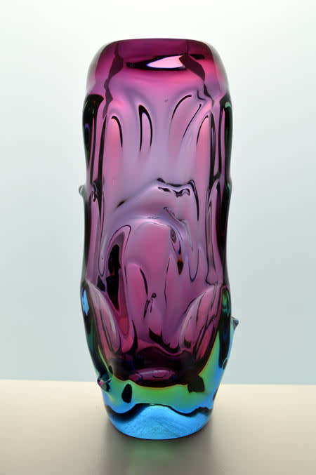 HALLMARK DESIGN: HEAVY SKRDLOVICE PINK, GREEN AND BLUE VASE, DESIGNED BY JAN BERANEK IN 1959