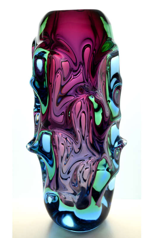 FLAGSHIP HALLMARK DESIGN HEAVY SKRDLOVICE PINK, GREEN AND BLUE VASE, DESIGNED BY JAN BERANEK IN 1959