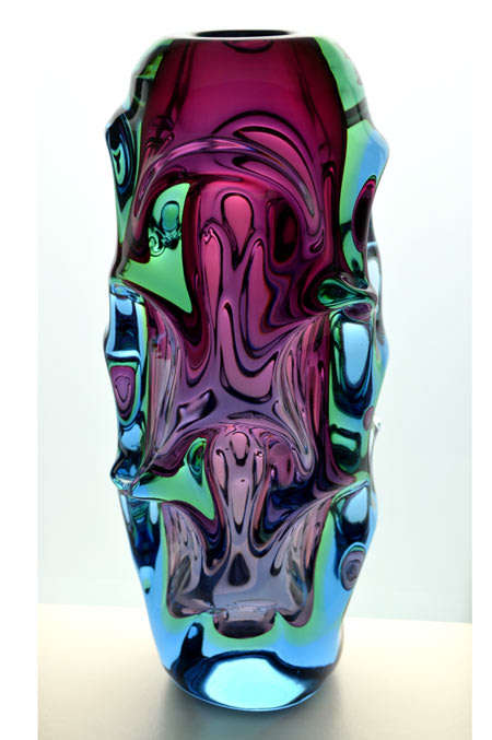 FLAGSHIP HALLMARK DESIGN HEAVY SKRDLOVICE PINK, GREEN AND BLUE VASE, DESIGNED BY JAN BERANEK IN 1959