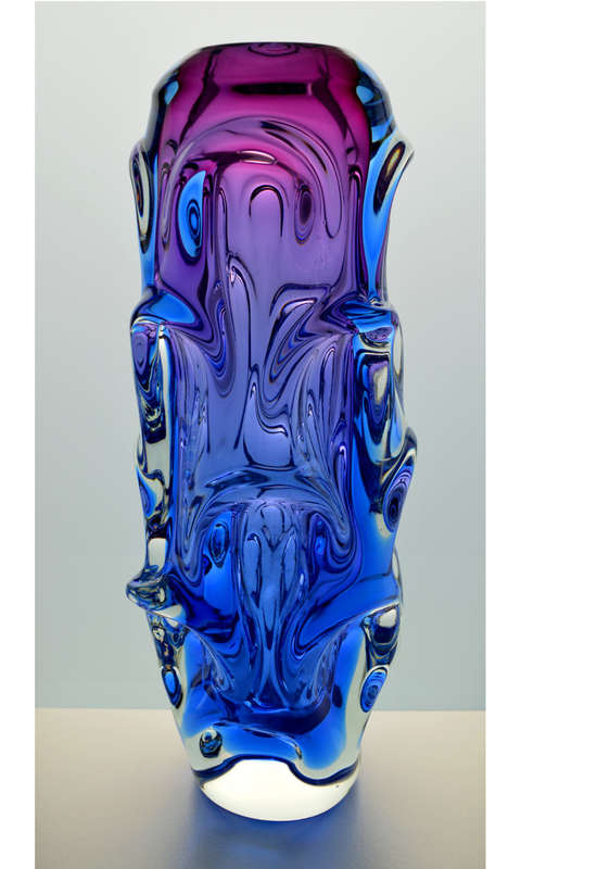 Hallmark Design: Tall and Heavy Skrdlovice Pink and Blue Vase, designed by Jan Beranek in 1959