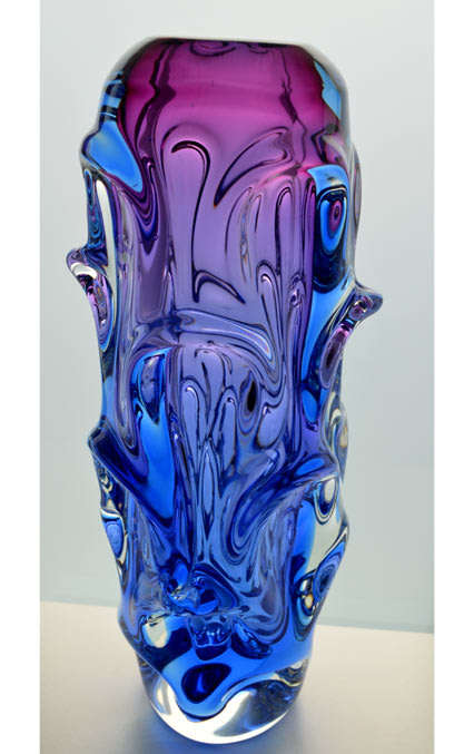 Hallmark Design: Tall and Heavy Skrdlovice Pink and Blue Vase, designed by Jan Beranek in 1959