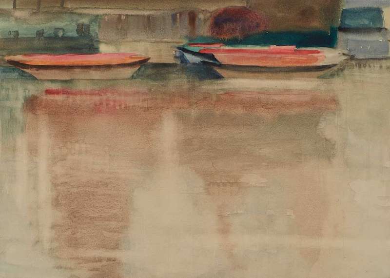 MAUD SUMNER (1902-1985) LITHOGRAPH  `DUCKS & BOATS ON THE SEINE` :  SIGNED WITH INITIALS IN PENCIL