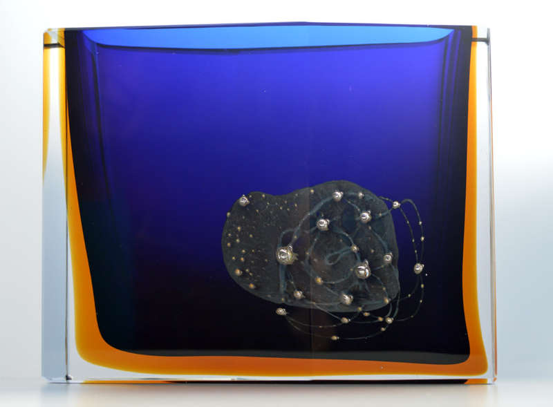 MUSEUM ITEM EXBOR CZECH GLASS SCULPTURAL VASE WITH METAL INCLUSIONS DESIGNED BY PAVEL HLAVA IN 1964