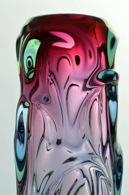FLAGSHIP/HALLMARK DESIGN: HEAVY SKRDLOVICE PINK, GREEN & BLUE VASE, DESIGNED BY JAN BERANEK IN 1959