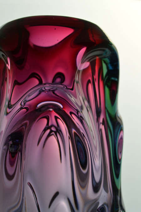 FLAGSHIP/HALLMARK DESIGN: HEAVY SKRDLOVICE PINK, GREEN & BLUE VASE, DESIGNED BY JAN BERANEK IN 1959