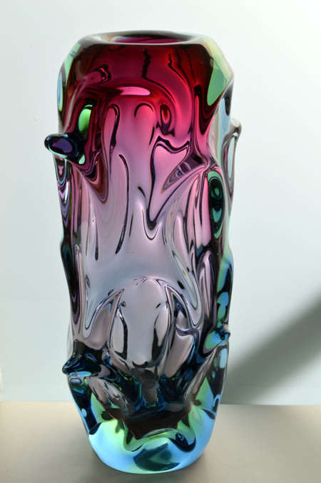 FLAGSHIP/HALLMARK DESIGN: HEAVY SKRDLOVICE PINK, GREEN & BLUE VASE, DESIGNED BY JAN BERANEK IN 1959