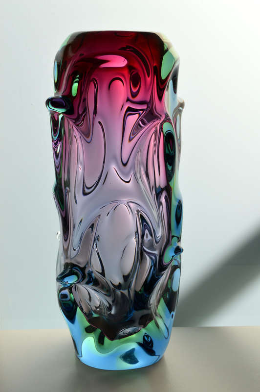 FLAGSHIP/HALLMARK DESIGN: HEAVY SKRDLOVICE PINK, GREEN & BLUE VASE, DESIGNED BY JAN BERANEK IN 1959