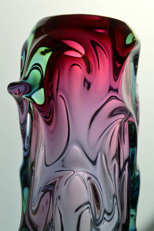 FLAGSHIP/HALLMARK DESIGN: HEAVY SKRDLOVICE PINK, GREEN & BLUE VASE, DESIGNED BY JAN BERANEK IN 1959