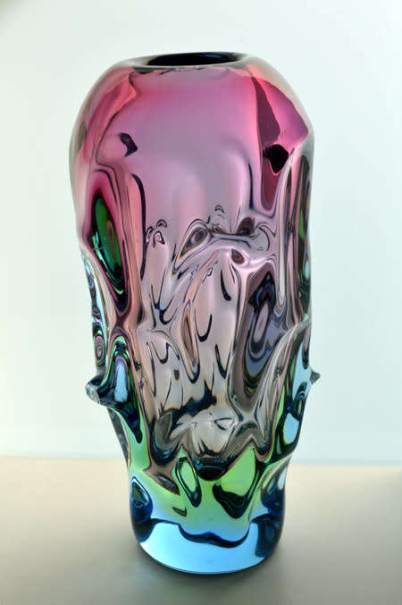 FLAGSHIP/HALLMARK DESIGN: SKRDLOVICE PINK, GREEN & BLUE VASE, DESIGNED BY JAN BERANEK IN 1959