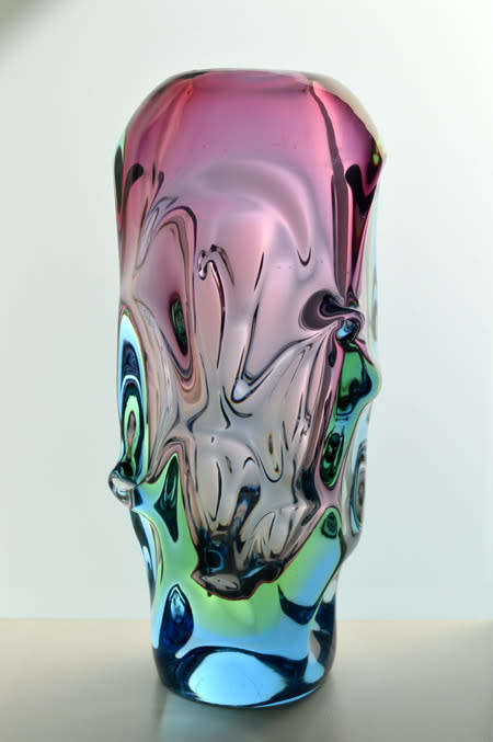 FLAGSHIP/HALLMARK DESIGN: SKRDLOVICE PINK, GREEN & BLUE VASE, DESIGNED BY JAN BERANEK IN 1959