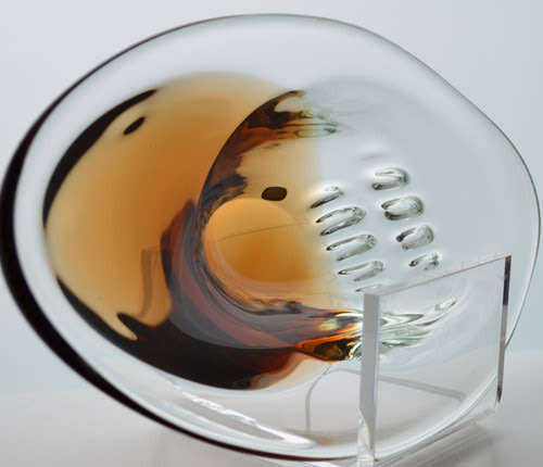 A BEAUTY! WITH LABEL! MAGNIFICENT AMBER & CLEAR CZECH ART GLASS BOWL, DESIGNED BY LADISLAV PALECEK