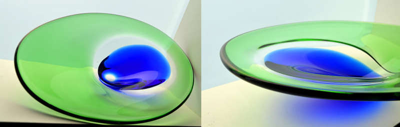 A MAGNIFICENT GREEN, BLUE & CLEAR CZECH ART GLASS BOWL, DESIGNED BY LADISLAV PALECEK IN 1977